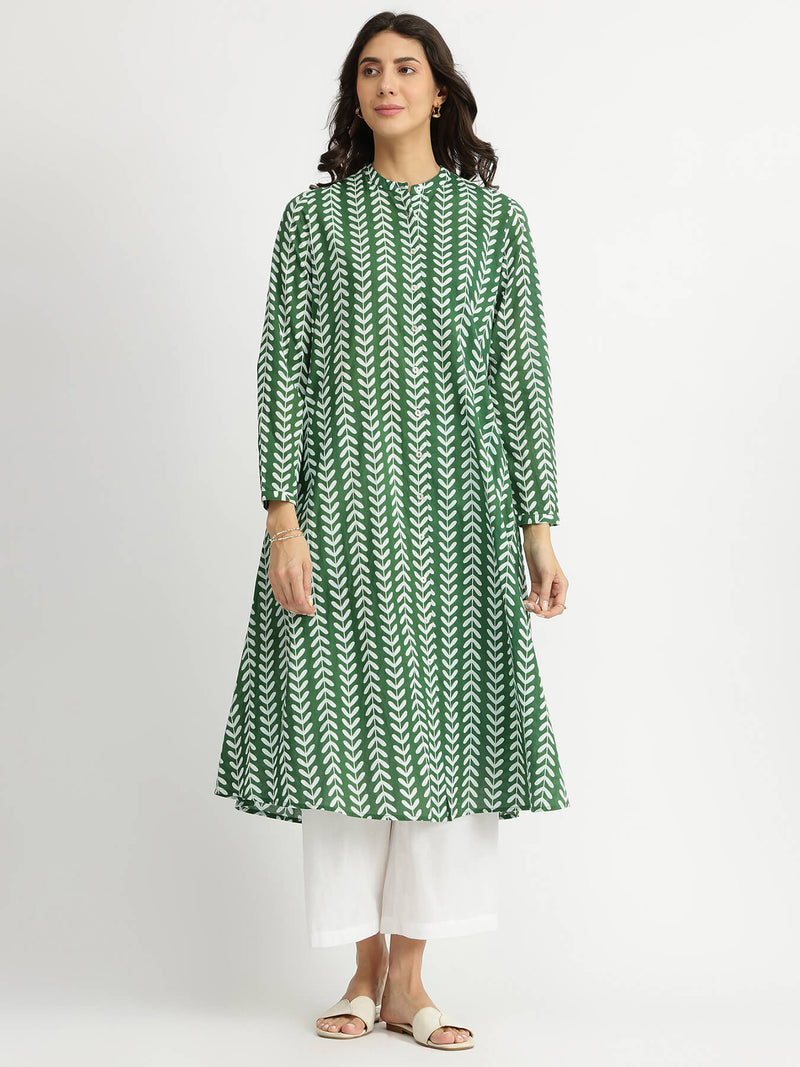 Cotton Leaf Print Striped Kurta Set - Green