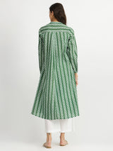 Cotton Leaf Print Striped Kurta Set - Green