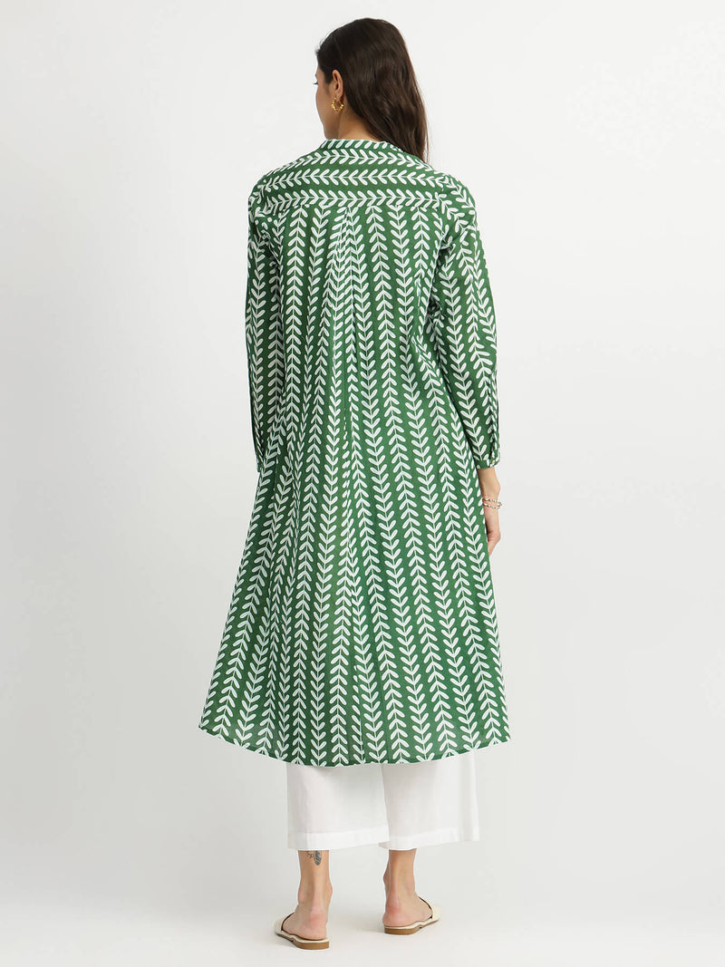 Cotton Leaf Print Striped Kurta Set - Green