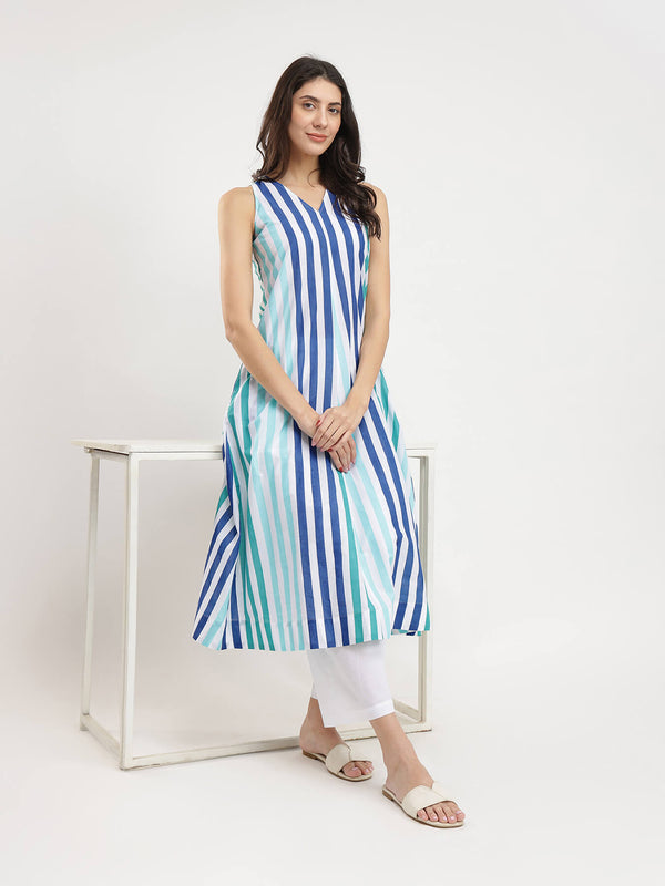 Cotton Striped A-Line Kurta - Blue