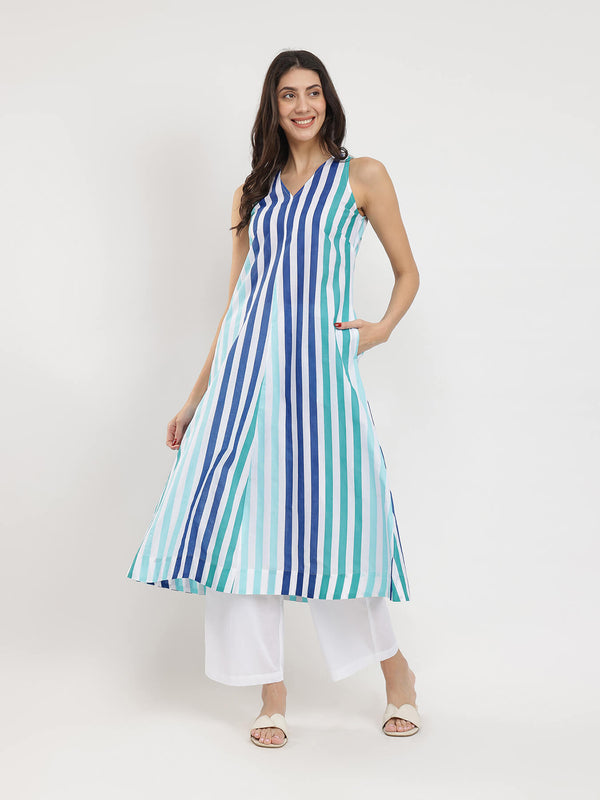 Cotton Striped A-Line Kurta - Blue