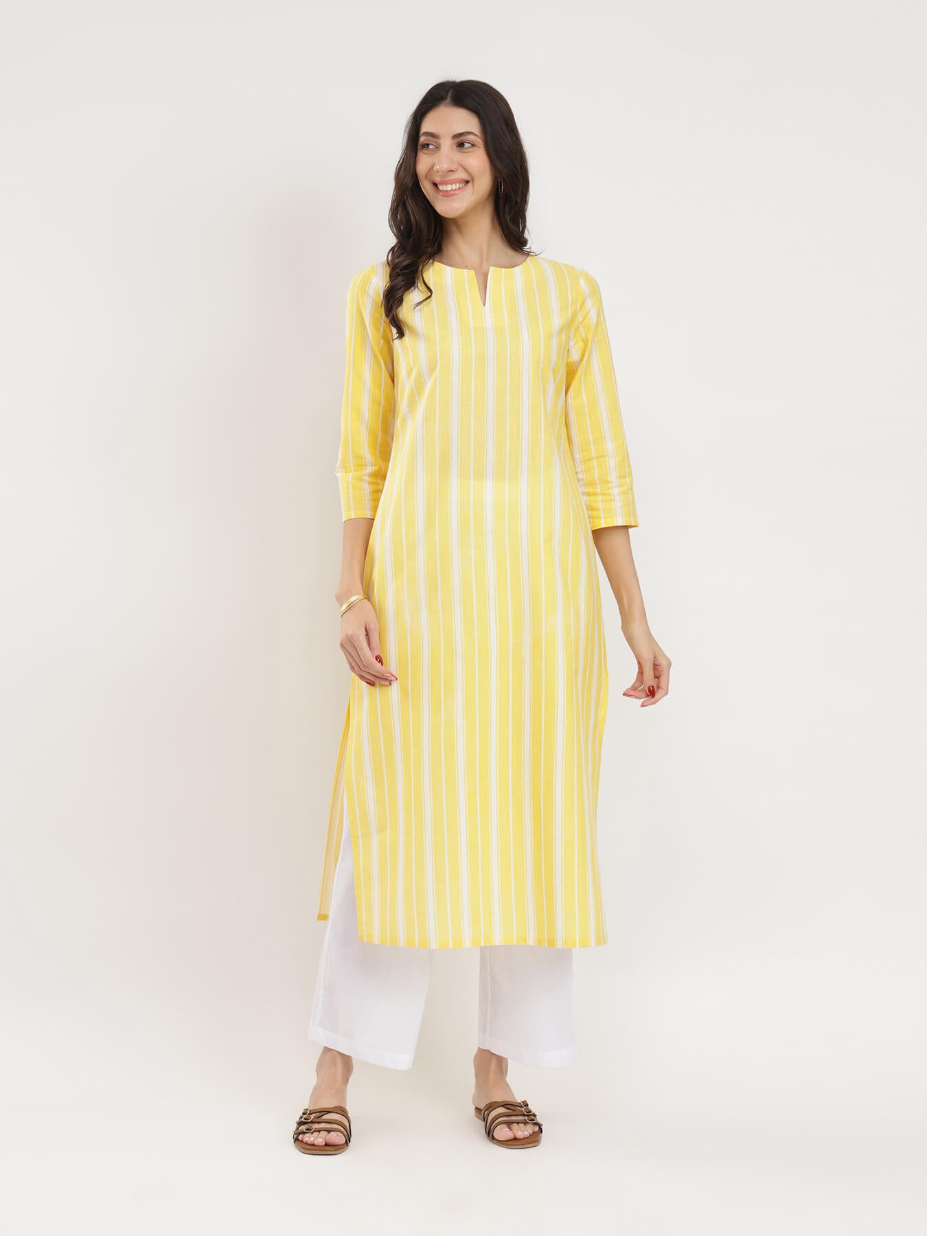 Cotton Striped Straight Kurta - Yellow