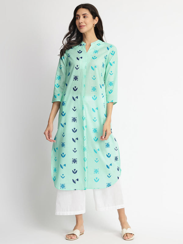 Cotton Floral Motif Kurta - Blue