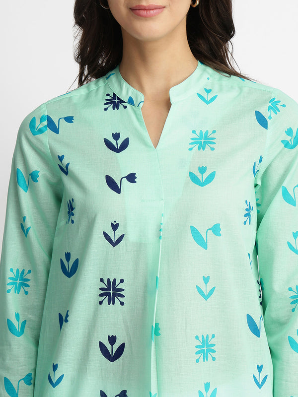 Cotton Floral Motif Kurta - Blue