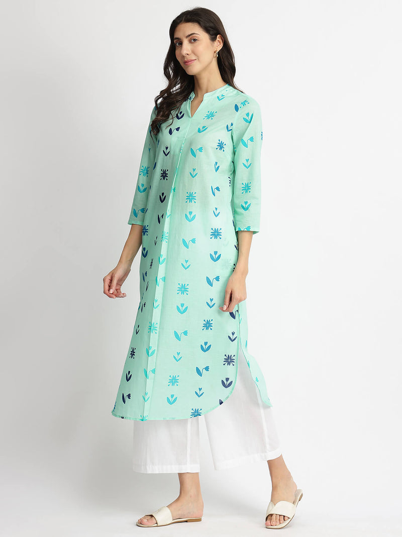 Cotton Floral Motif Kurta - Blue