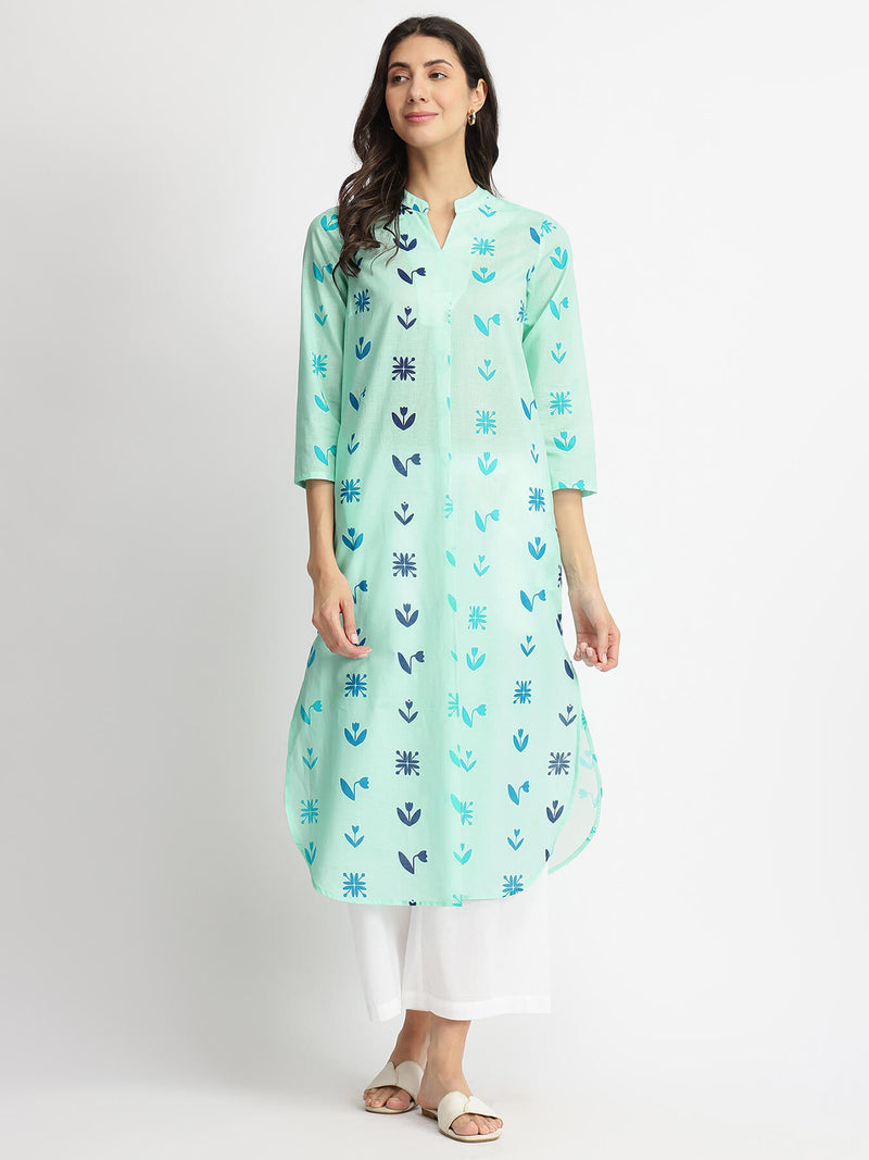 Cotton Floral Motif Kurta - Blue