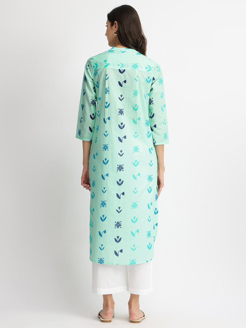 Cotton Floral Motif Kurta - Blue
