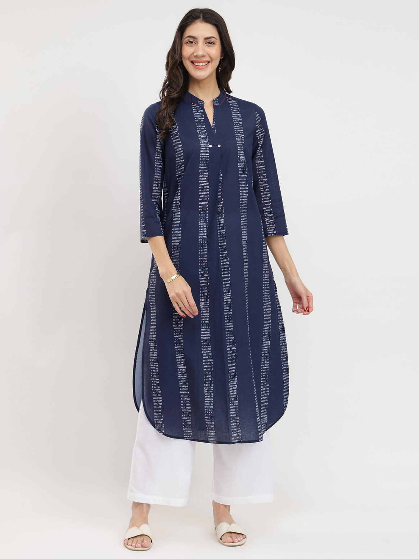 Cotton Striped Pleated Kurta - Navy Blue