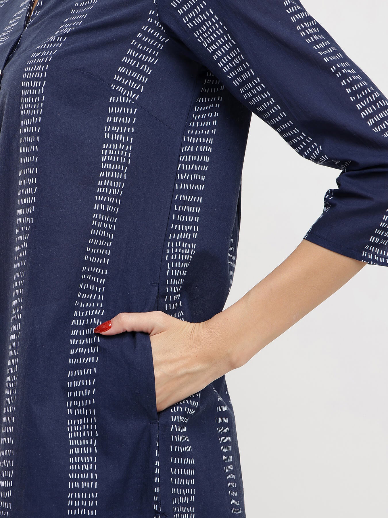 Cotton Striped Pleated Kurta - Navy Blue