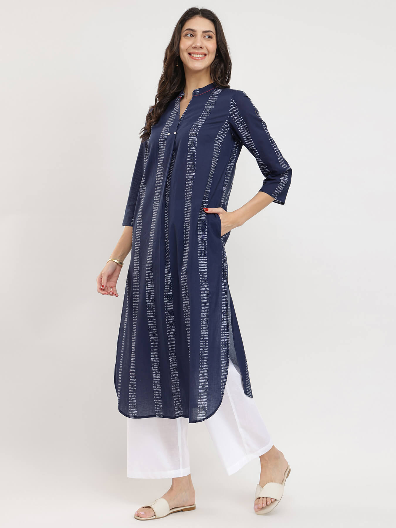 Cotton Striped Pleated Kurta - Navy Blue