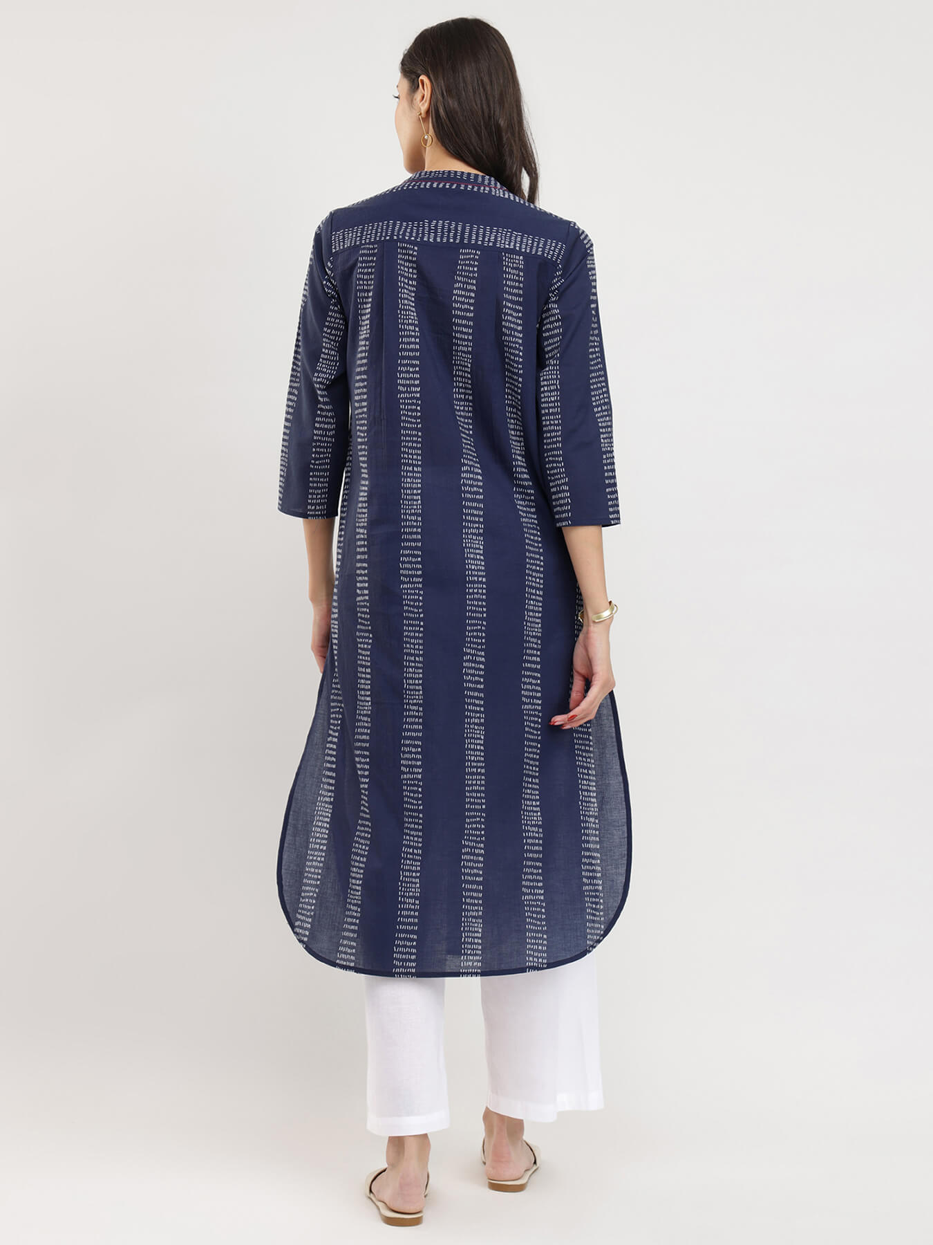 Cotton Striped Pleated Kurta - Navy Blue