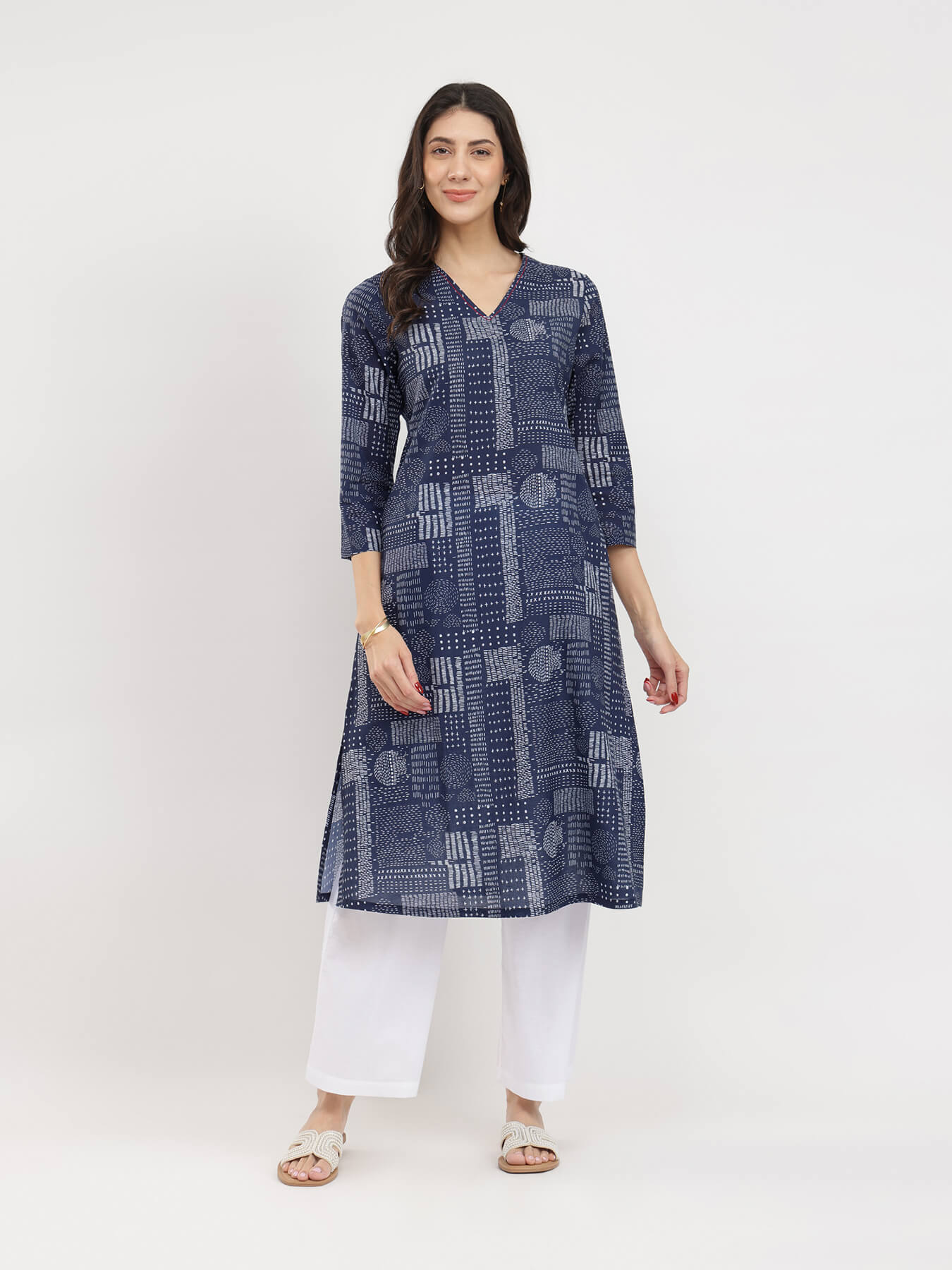Cotton Geometric Print Kurta - Navy Blue