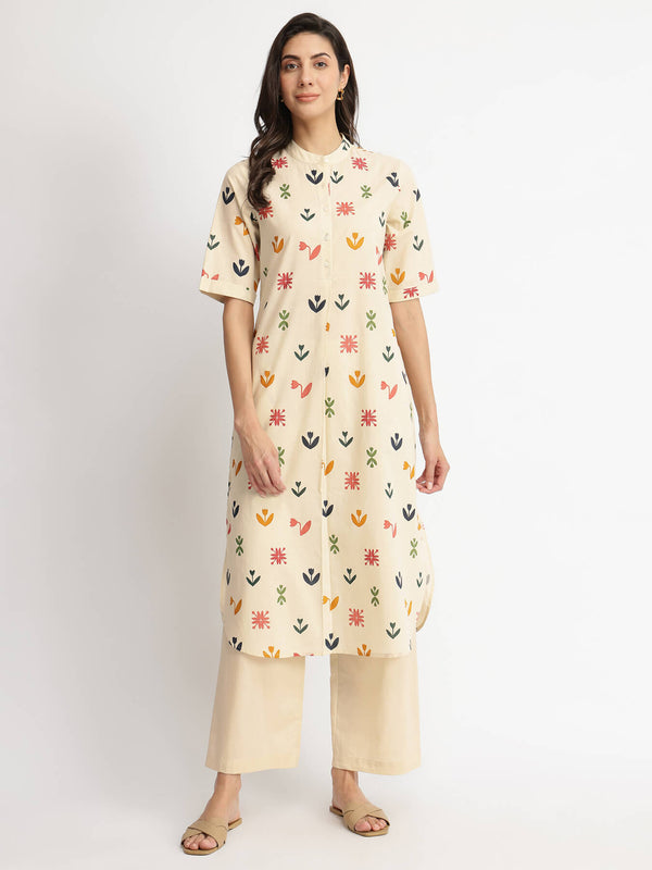 Cotton Floral Motif Kurta Set - Multicolour