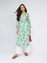 Cotton Floral Pleated Kurta - Green & Red