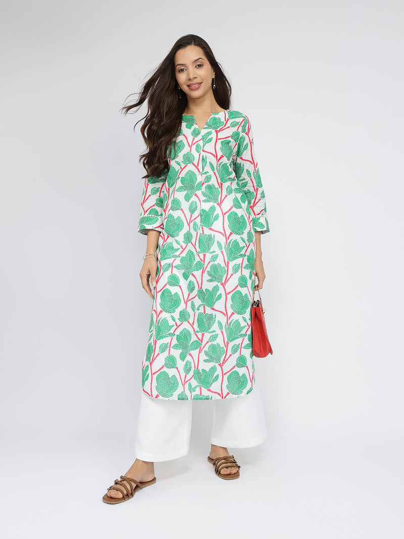 Cotton Floral Pleated Kurta - Green & Red