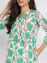 Cotton Floral Pleated Kurta - Green & Red