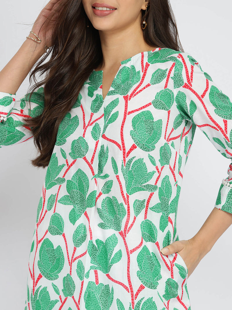 Cotton Floral Pleated Kurta - Green & Red