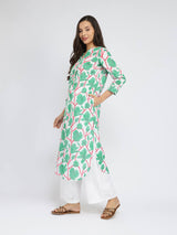 Cotton Floral Pleated Kurta - Green & Red