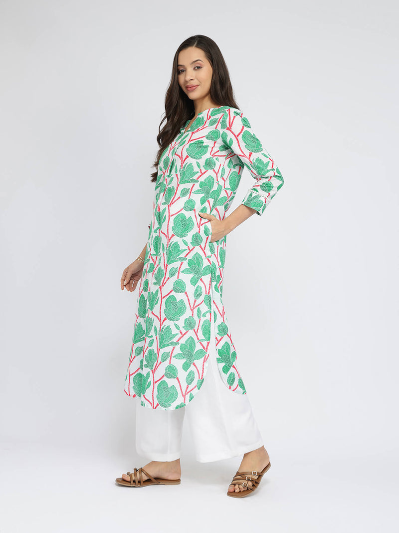 Cotton Floral Pleated Kurta - Green & Red