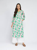 Cotton Floral Pleated Kurta - Green & Red
