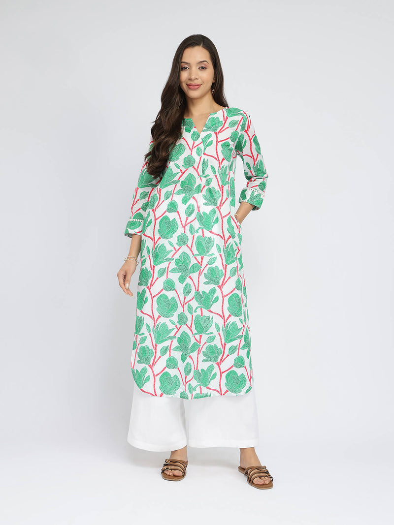 Cotton Floral Pleated Kurta - Green & Red