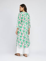 Cotton Floral Pleated Kurta - Green & Red