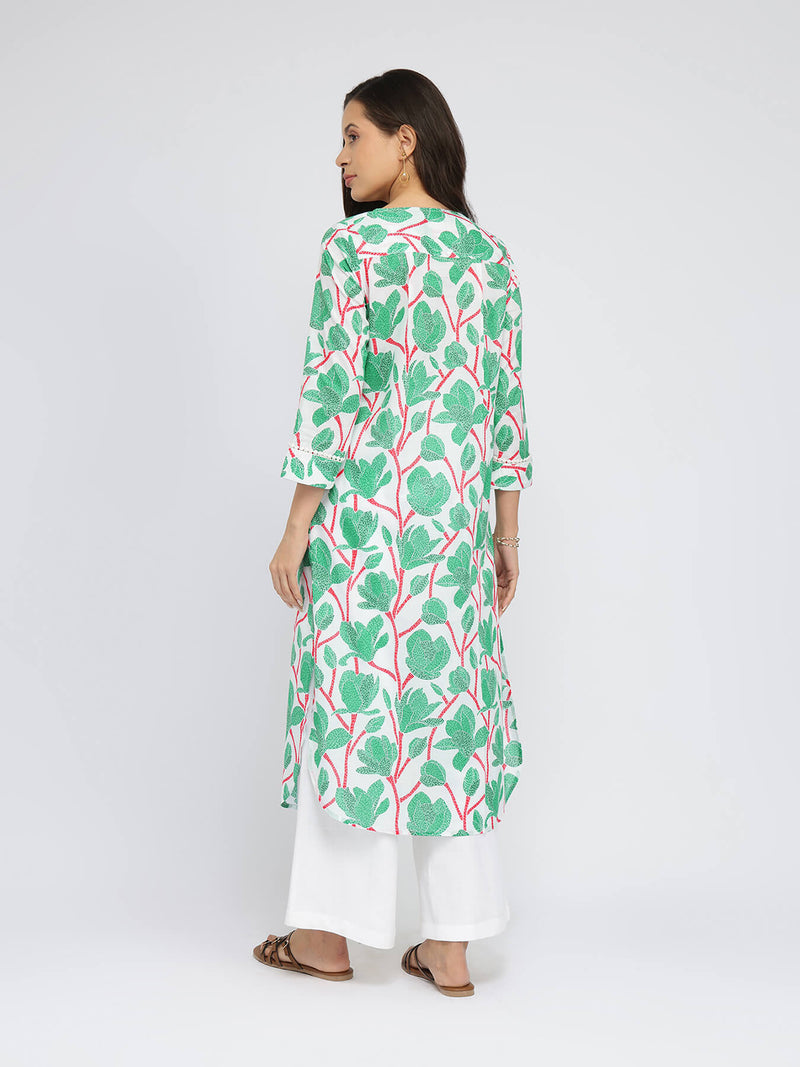 Cotton Floral Pleated Kurta - Green & Red