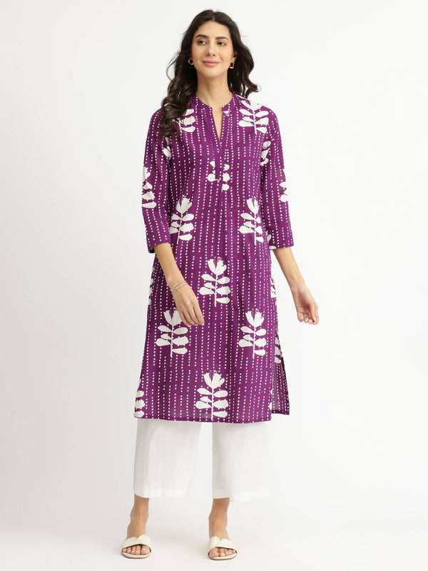 Cotton Floral Relaxed Kurta - Purple