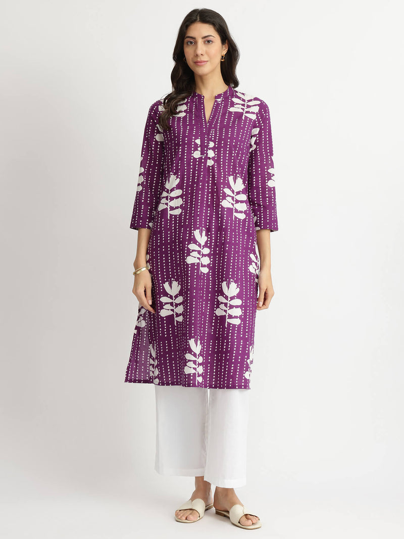 Cotton Floral Relaxed Kurta - Purple