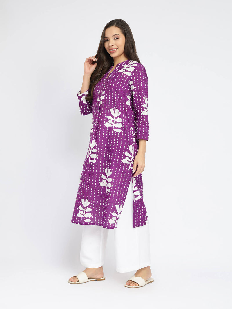 Cotton Floral Relaxed Kurta - Purple