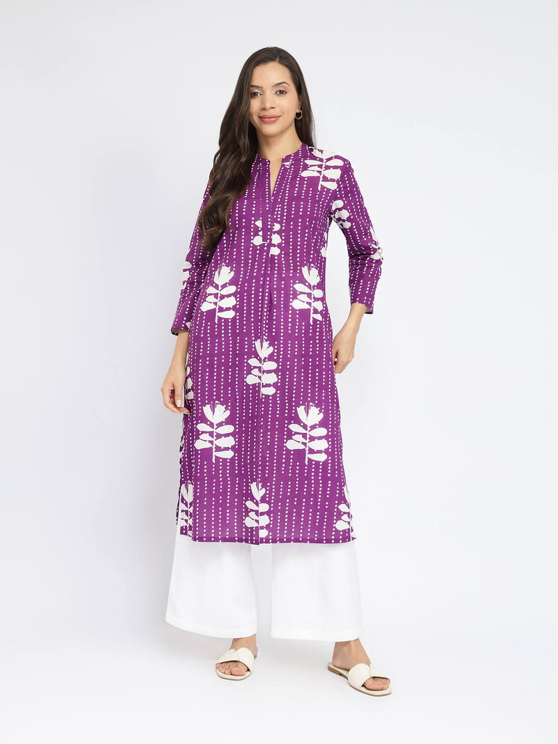 Cotton Floral Relaxed Kurta - Purple