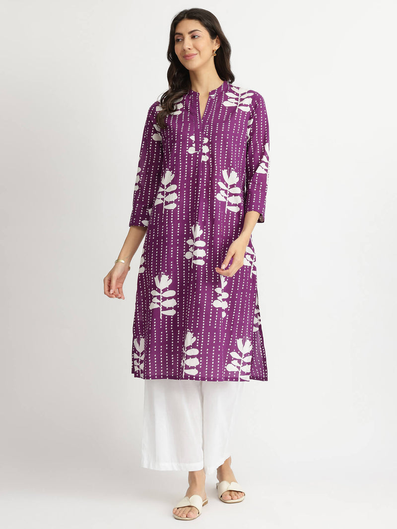 Cotton Floral Relaxed Kurta - Purple