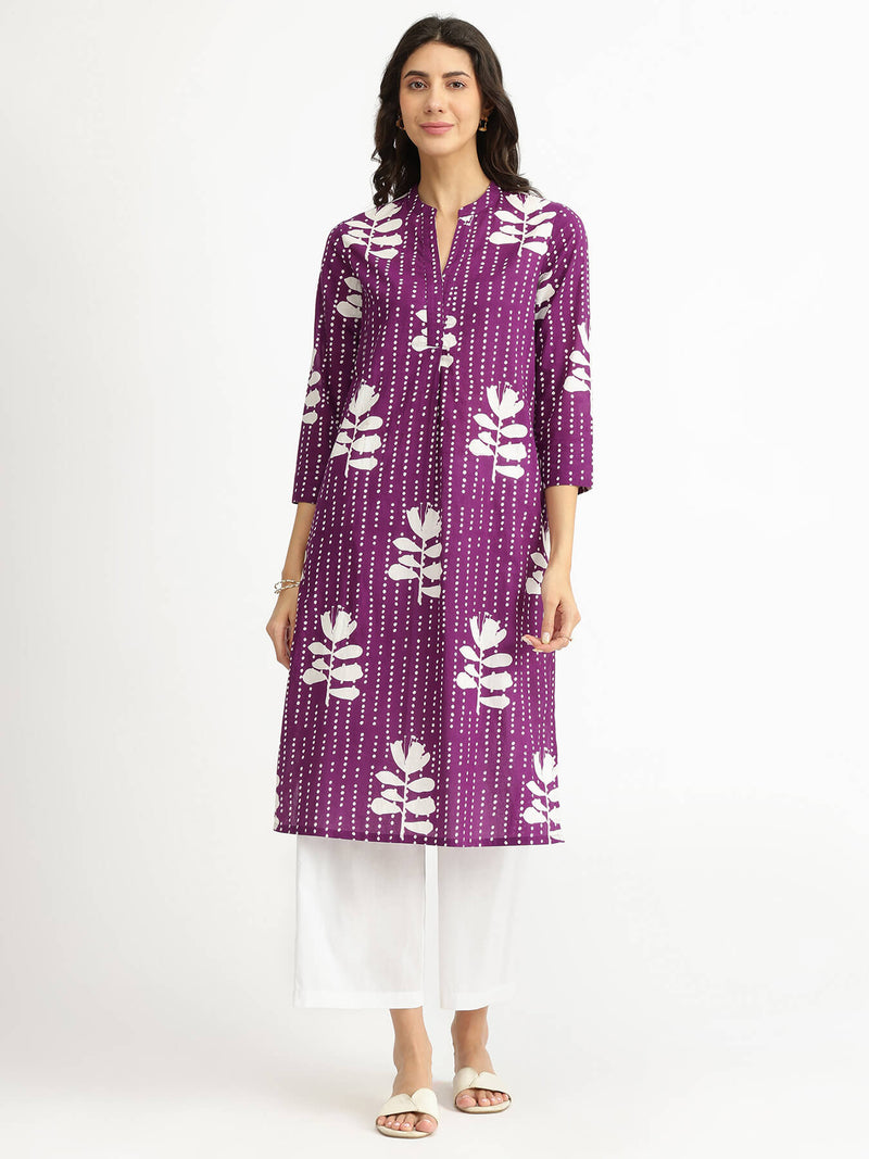 Cotton Floral Relaxed Kurta - Purple
