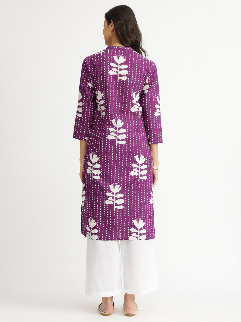 Cotton Floral Relaxed Kurta - Purple