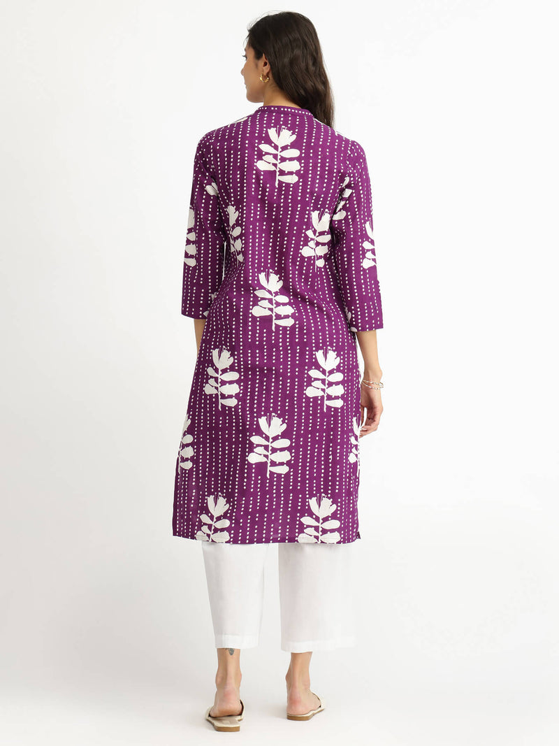 Cotton Floral Relaxed Kurta - Purple