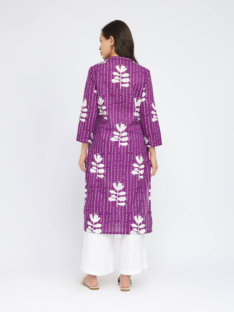 Cotton Floral Relaxed Kurta - Purple