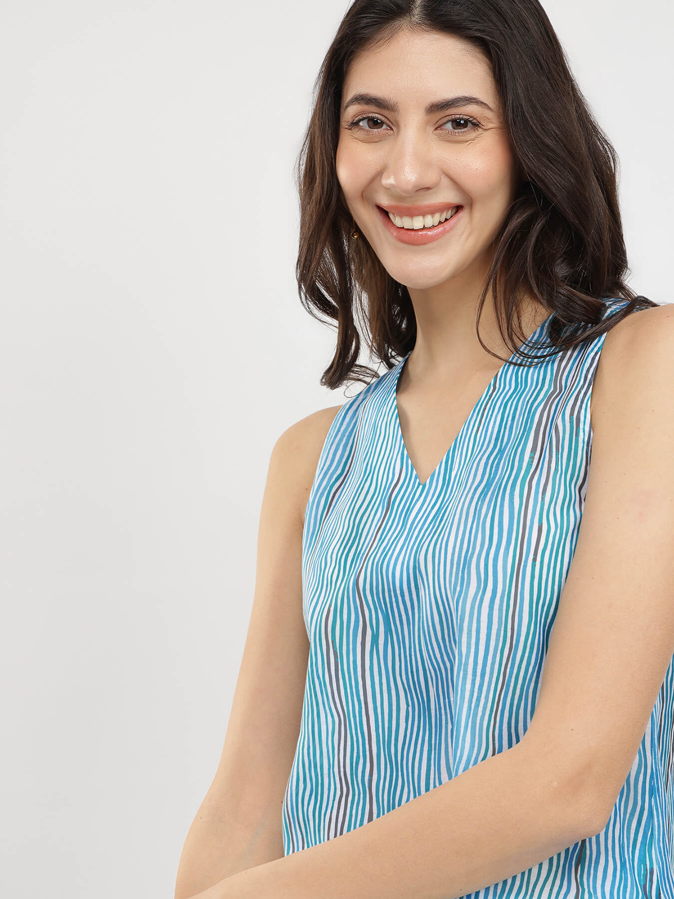 Striped A-Line Sleeveless Kurta - Blue
