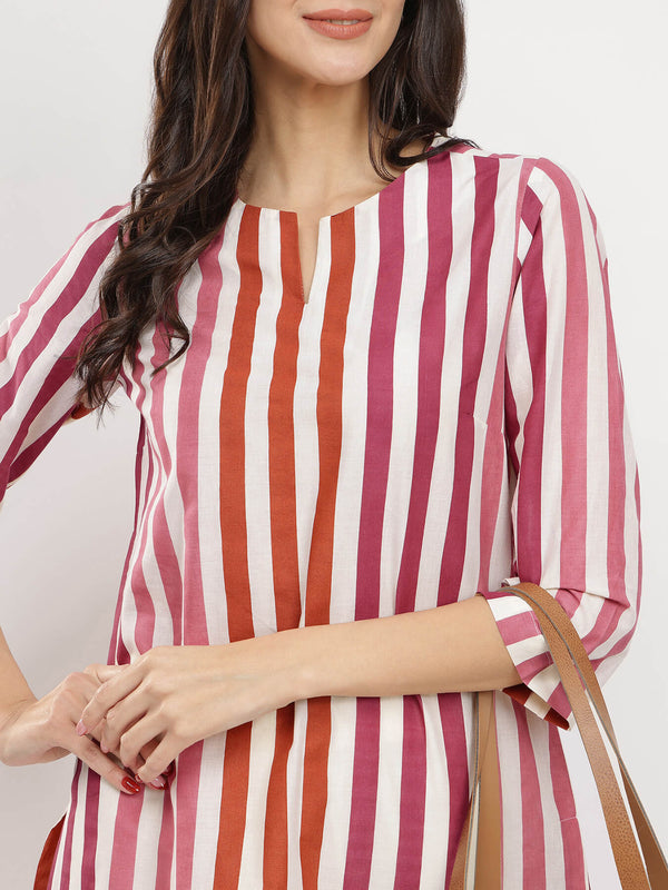 Cotton Striped Straight Kurta - Red & White