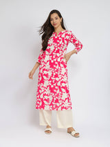 Cotton Floral Straight Kurta - Red & White