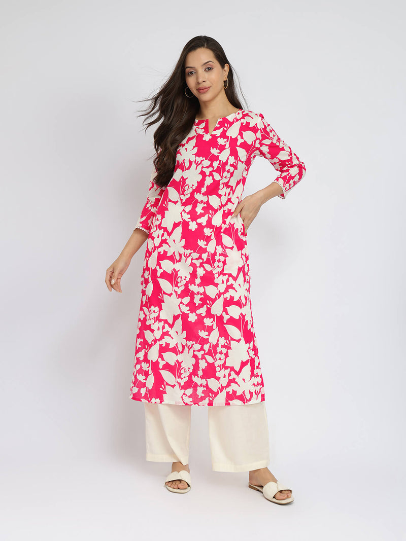 Cotton Floral Straight Kurta - Red & White