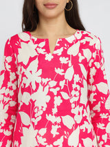 Cotton Floral Straight Kurta - Red & White