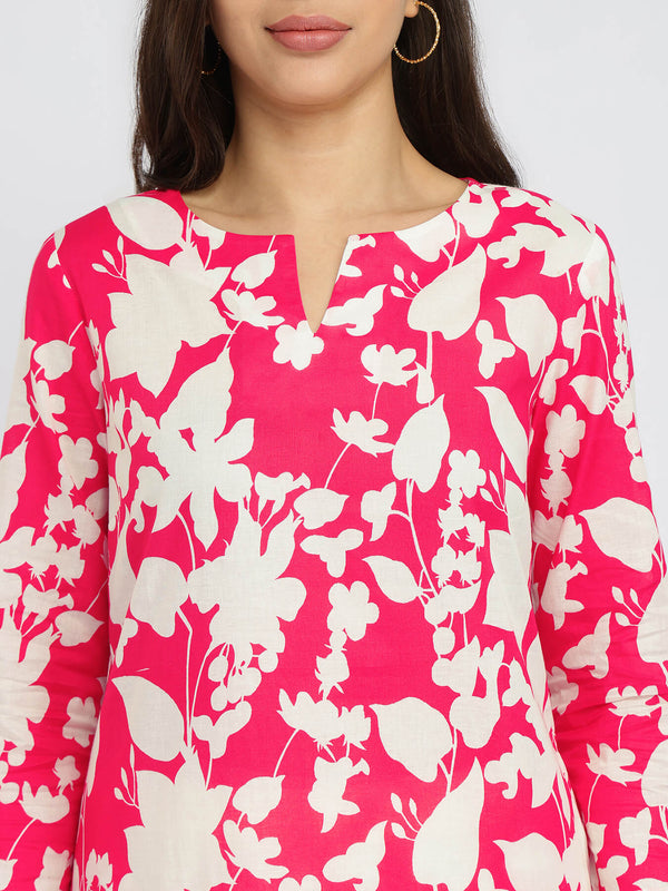 Cotton Floral Straight Kurta - Red & White