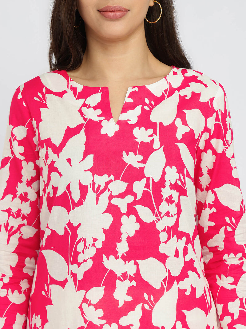 Cotton Floral Straight Kurta - Red & White