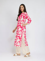 Cotton Floral Straight Kurta - Red & White