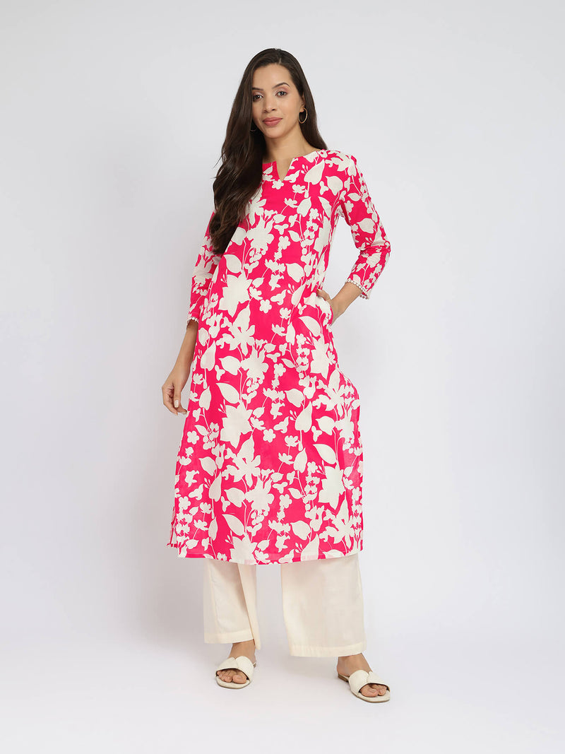 Cotton Floral Straight Kurta - Red & White