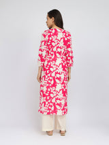 Cotton Floral Straight Kurta - Red & White