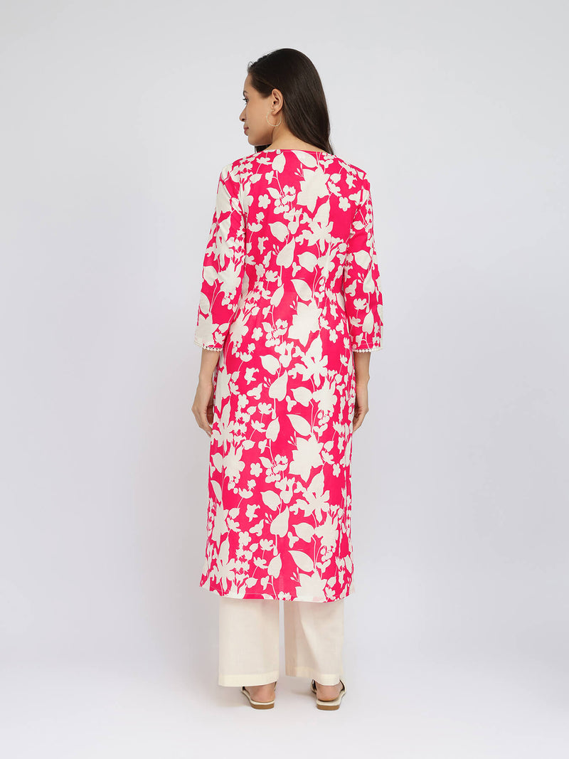 Cotton Floral Straight Kurta - Red & White