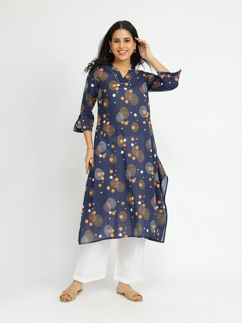 Cotton Asymmetric Print Play Kurta - Navy Blue