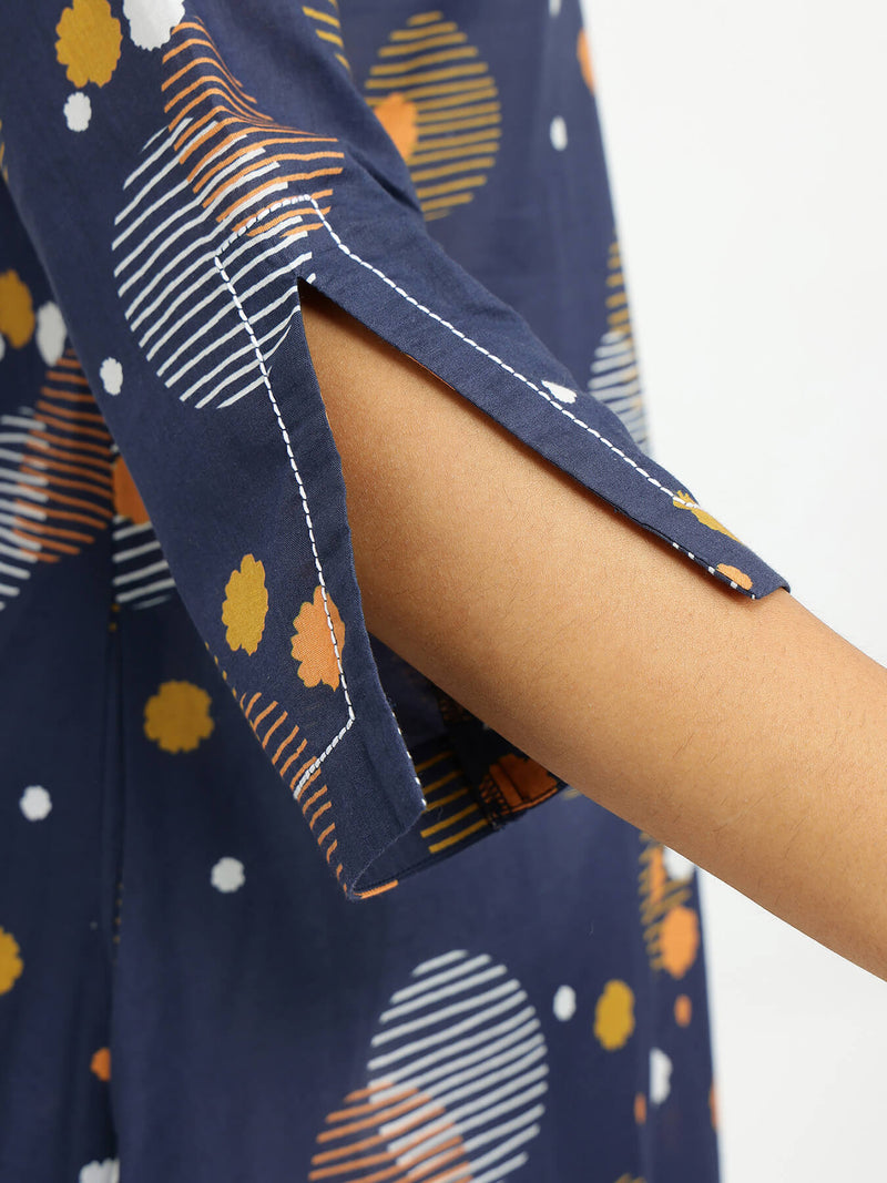 Cotton Asymmetric Print Play Kurta - Navy Blue