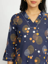 Cotton Asymmetric Print Play Kurta - Navy Blue